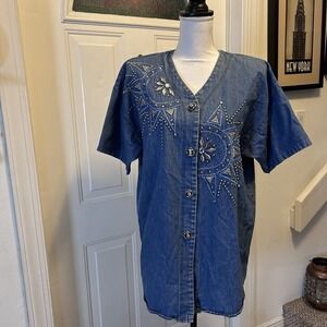 ITSLI Super‎ Line VTG 90s Women's Denim Bedazzled Stud Shirt V-Neck USA One Size